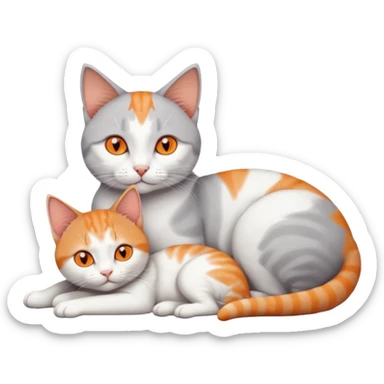 full body of a grey and white cat cuddling a very small + skinny ginger and white kitten with deep orange eyes and triangular shaped face lying down sticker