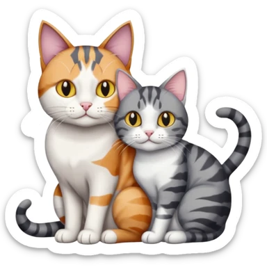 two cats in love, a colourful light patched calico + white tabby cat cuddling a bigger cat that is dark grey and white tabby cat sticker
