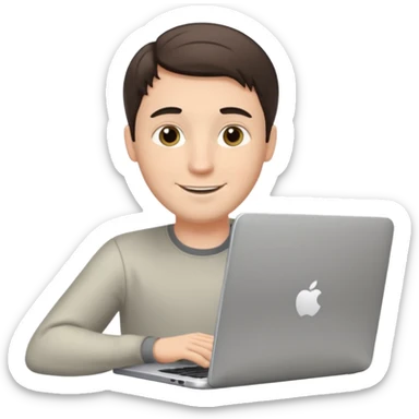 A white brunette man in his mid 20s, middle parted short hair, average dude with slightly droopy eyes, happy, using a silver laptop (no logo) sticker
