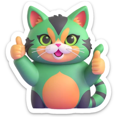 tricolor fluffy cat with big green eyes giving thumbs up sticker