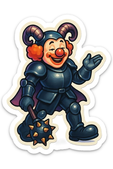 A cheerful armored clown with ram horns, glossy black on matte black armor, short cape, large black clown shoes, standing with one foot forward, one arm down holding an oversized spiked mace, the other hand gesturing as if explaining something, eyes half-closed, vibrant retro stickers style, no yellow aged tint, full body, transparent background sticker