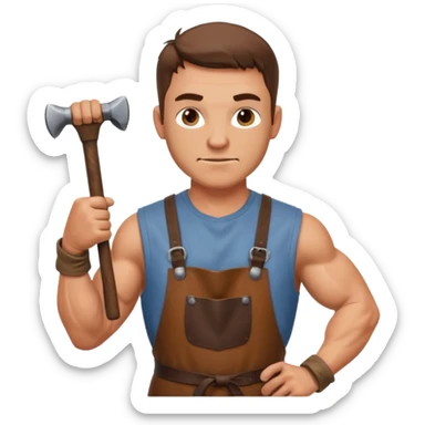 Emoji portrait of a Celtic blacksmith. Work clothes, muscular arms, holding a hammer and wearing a leather apron. sticker