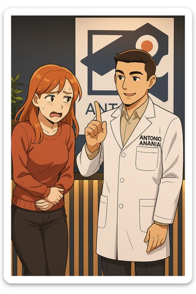 su questo stile fai un manga/webtoon a colori in cui una donna PREOCCUPATA FA UNA DOMANDA ALL'UOMO, l'uomo della foto in stile manga LE DICE DI "NO" CON IL DITO, mantieni un ambiente simile alla foto che ho allegato con il suo logo (sarebbe il suo studio, lui è un kinesiologo), scrivigli "ANTONIO ANANIA" sul camice bianco, non mettere fumetti, ma fai in modo che sembri che la donna CHIEDA ALLARMATA E L'UOMO LA TRANQUILLIZZI sticker