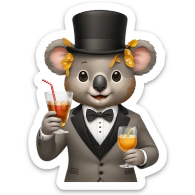 koala wearing suit, bowtie and top hat, holding glass of drink sticker