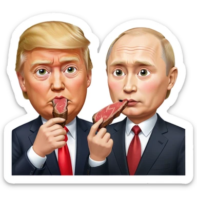 photorealistic Donald Trump and Putin eating a steak shaped like an piece of land sticker