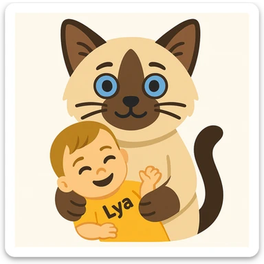 Create an image of a Birman seal point cat holding a baby human named Lya with short dark blonde hair in its paws. The baby is smiling. The style should resemble emoji style as closely as possible. sticker