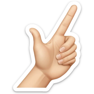 A realistic close-up photo of a right hand entering the frame from the bottom right corner, back of the hand facing the camera, pointing diagonally upwards to the left with only the thumb and index finger extended in a finger gun or L-shape gesture, other fingers closed and tucked in. sticker