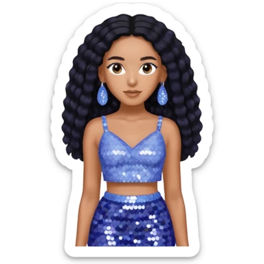 Solange with long black hair, periwinkle sequin crop top, periwinkle sequin skirt, periwinkle earring sticker