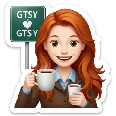 Excited long haired redhead drinking coffee holding sign in front saying GTSY sticker