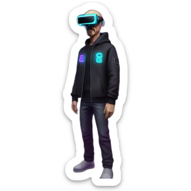 Walter White wearing a black hoodie with "OMG" letters on it and VR headset in a cyberpunk VR environment with violet neon lighting. sticker