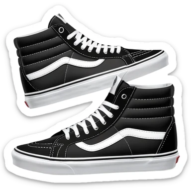 Black Vans Sk8-Hi high top shoes arranged as a pair with one slightly behind the other, classic black with white jazz stripe and white sole sticker