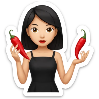 asian black short shoulder length hair tanned woman, black dress cooking, holding chili pepper sticker