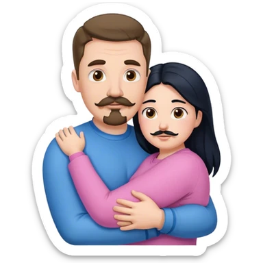 Tall strong white man with brown mustache goatee wearing blue hugging a chubby short pale woman with long black hair wearing pink sticker