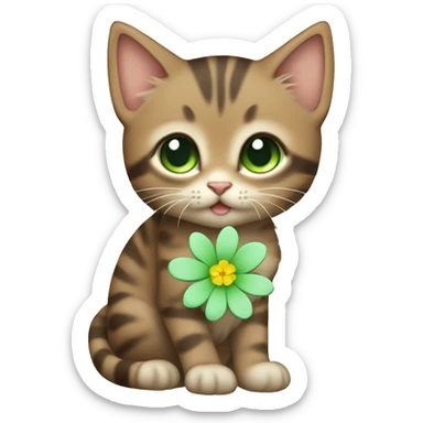 kawaii brown tabby kitten with green eyes and pastel green flower sticker