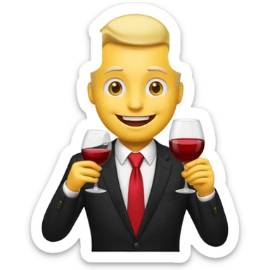 Yellow emoji with black suit and red tie, drinking wine, freaky smiling face, handsome sticker