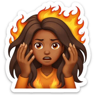 African American woman with long hair, frustrated face expression, with her hair on fire sticker
