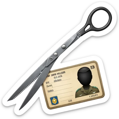 Floating black Scissors cutting in half an idf soldier ID card in 2 parts .hyper realistic sticker