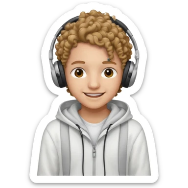 Faça um adolescente de cabelo cacheado médio sorrindo com um aparelho dental e fones de ouvido, com um moletom branco sticker