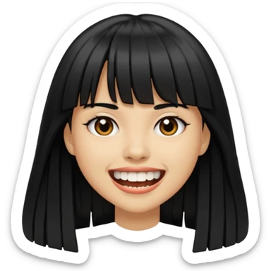 Woman a little tan with long black hairs and bangs, appearing teeth sticker