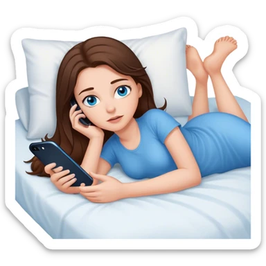 White girl brunett blue eyes, laying on her stomach  In bed using her phone sticker