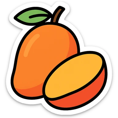 flat vector mango illustration, one whole and one sliced half, clean minimal design, white background, high resolution, no background elements sticker