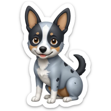 black, grey, and white blue heeler dog, emoji style, playful pose, wagging tail, minimal background sticker