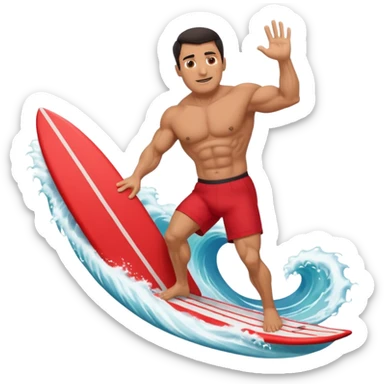 50 year old, muscular, dark haired, tan, red shorts man riding a big wave sticker