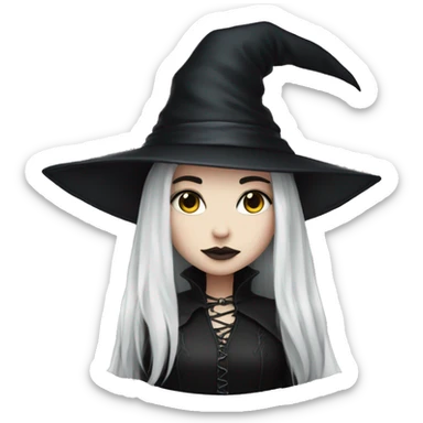 Goth girl, white skin, black long hair, witch hat sticker