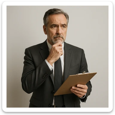 mature man in a suit holding a clipboard, thoughtful look, minimal background sticker