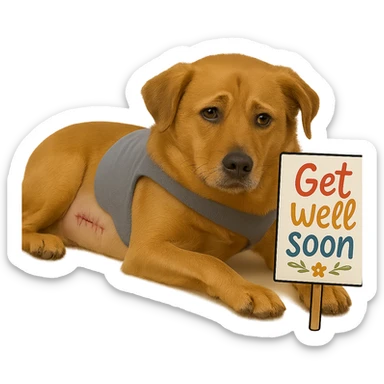 Add a 'get well soon' sign next to the dog. Keep the background transparent. sticker
