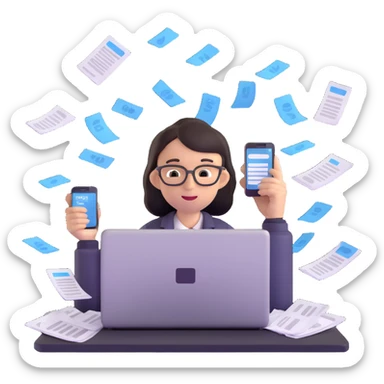 person holding a phone in one hand, laptop open in front, storm of receipts, invoices, and reminders swirling around, multitasking chaos sticker