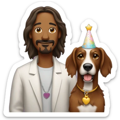 Snoop dog with a shaggy brown dog. He has a birthday cake sticker