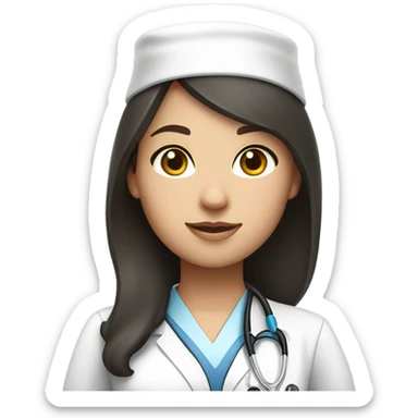 Dark hair woman with white skin and a nursing cap stethoscope and white uniforms sticker
