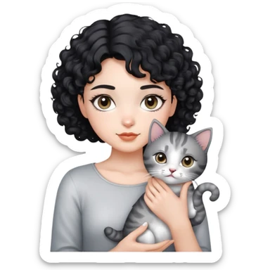Please generate a short curly black hair girl holing a silver gradient cat sticker