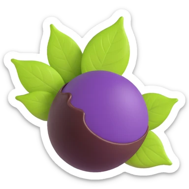 glossy realistic emoji-style açaí berry bonbon, shiny deep purple berry, bottom half dipped in dark chocolate, small natural green leaf on top, no face, clean modern emoji icon with realistic details sticker