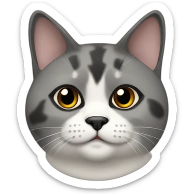 senior chubby diluted calico cat, grey chin, black nose, grey ears, grey and white sticker