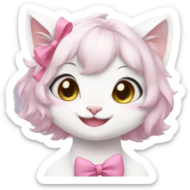 fursona white cat girl with pink bow cute laughing anime sticker