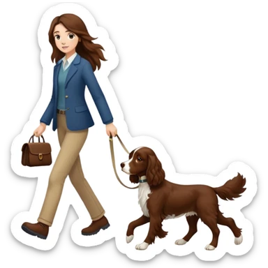 A girl with long brown hair walks a brown springer spaniel sticker