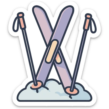 cross-country skis and poles on the sides, all stuck at an angle into a snowdrift, detailed shading, thin clean outlines, soft rounded features, pastel palette #98B5BC #B5B3C1 #C9A3C9 #E4C0CA #F7DCD1 #F7C0AA, Japanese pop art, sticker look, highly detailed, vector clarity, soft lighting, subtle shadows, transparent background sticker