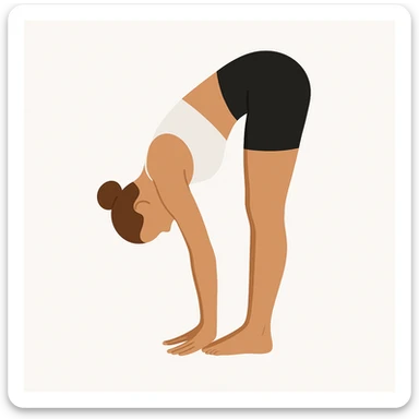"Minimalist flat vector illustration of a woman doing yoga in forward fold pose (Uttanasana), wearing sportswear (white top and black shorts), brown hair in a bun, clean white background, no face details, elegant style" sticker