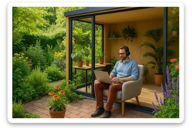 Home office in garden with a person using laptop and headphones, relaxed atmosphere, lots of greenery, modern design sticker