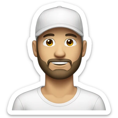 white man with a beard with a white cap and white tee-shirt sticker