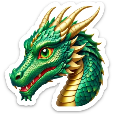 Cinematic Noble Dragon Portrait Emoji, Poised and majestic, with a sinuous, elongated body covered in intricately detailed, shimmering scales in hues of emerald and gold, and piercing, fiery eyes that reflect ancient wisdom; rendered with lifelike texture and natural highlights, high shine, intelligent and formidable, styled with an aura of mythic power, focused and attentive, soft glowing outline, capturing the essence of a legendary dragon that appears ready to soar out of the screen with timeless authority! sticker