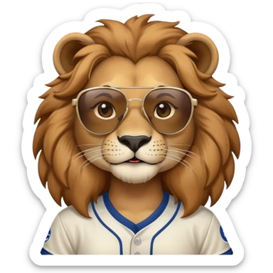 head and shoulders close-crop of a friendly anthropomorphised female lion wearing a baseball shirt and dark sunglasses sticker