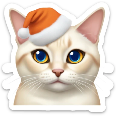 chubby flame point Siamese, white fur with orange accents and blue eyes wearing a red christmas hat  sticker