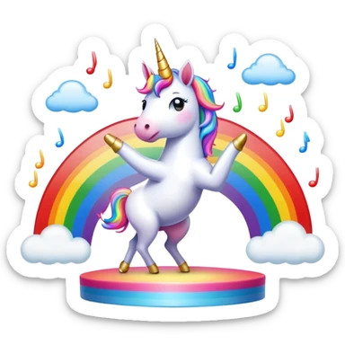 a unicorn dancing on a stage while farting rainbows sticker