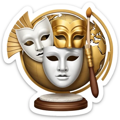 An icon featuring a classical sculpture, a paintbrush, and a theater mask, symbolizing the study of culture and arts. The design includes a world map in the background, representing diverse cultural traditions. Transparent background highlights the exploration of global art and heritage. sticker