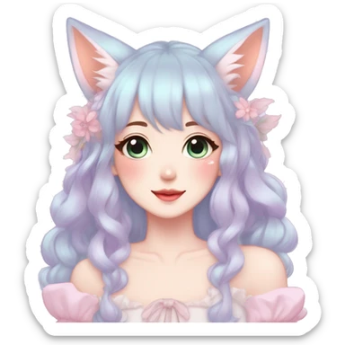Gorgeous pastel anime style lady with blushing face and fox ears cottagecore fairycore pastelcore colorful pearly romantic simplistic aesthetic trending style sticker