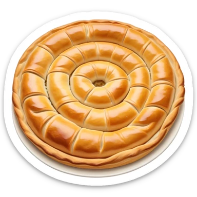 cinematic-realistic-flat burek-sa-sirom-dish-emoji,-showcasing-a-flaky-pastry-filled-with-cheese-rendered-with-crisp-textures-and-appetizing,-warm-lighting. round spiral sticker