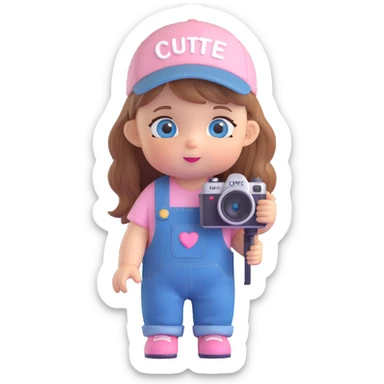 3D cartoon character design of a cute baby girl with golden brown hair, big blue eyes, pink blush, wearing denim overalls with the word 'cute' printed on her clothes, a cute hat, big head and small body, holding a camera, three-view lineup front side back sticker